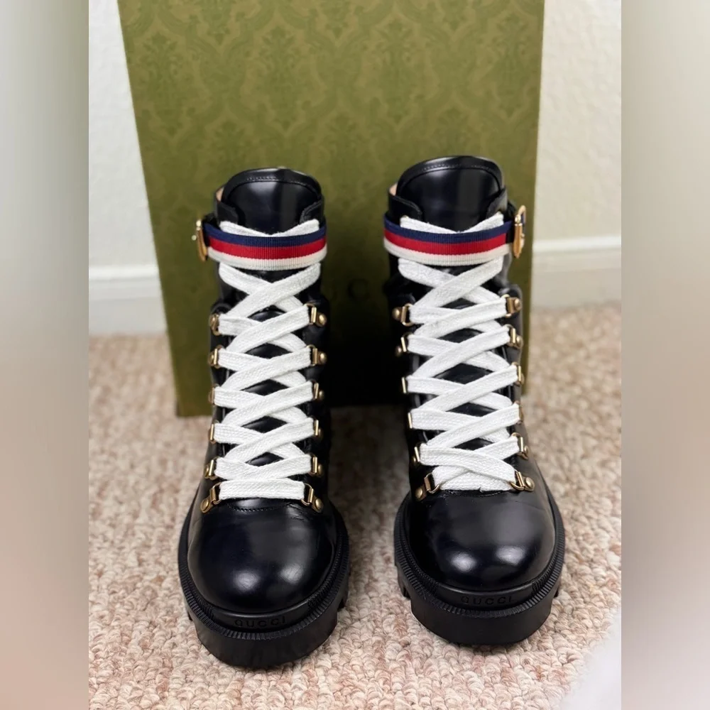 Gucci Sylvie Web Womens Lace Up Calfskin Leather Black Combat Boots Size 39. - Picture 2 of 11